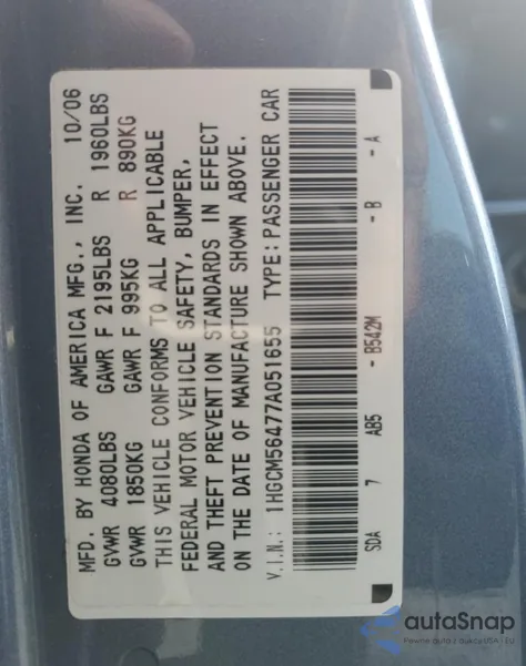 2007 Honda Accord Lx from USA, damaged, VIN 1HGCM56477A051655